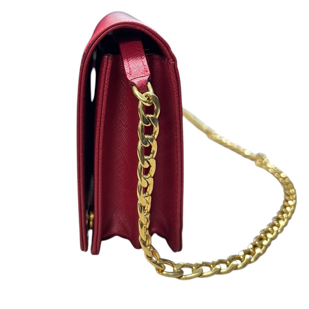 PRADA Saffiano Wallet on Chain Shoulder Bag Red Gold Hardware PR207