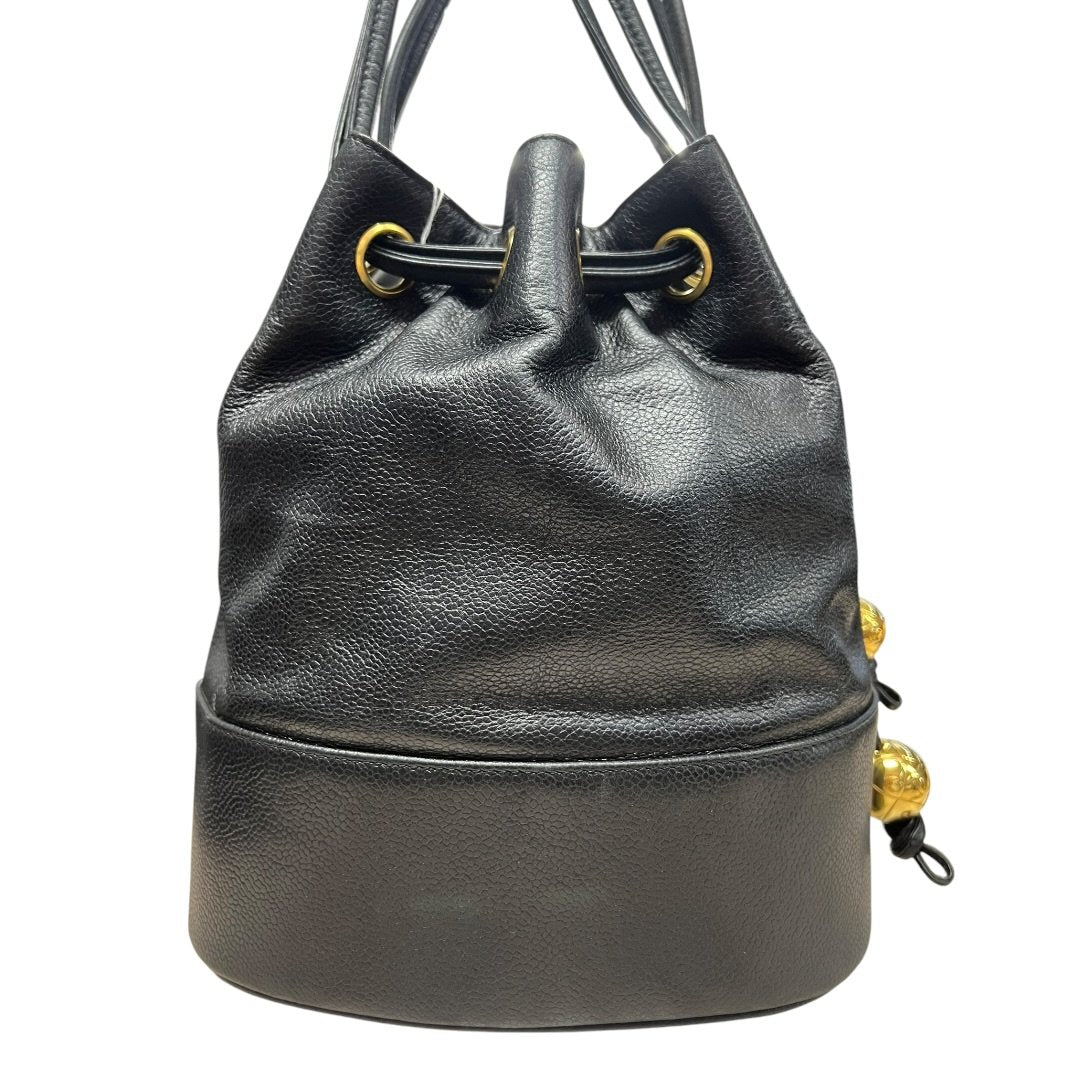 CHANEL Grained Calfskin Drawstring Bucket Bag Shoulder Bag Black Gold Hardware CH2183