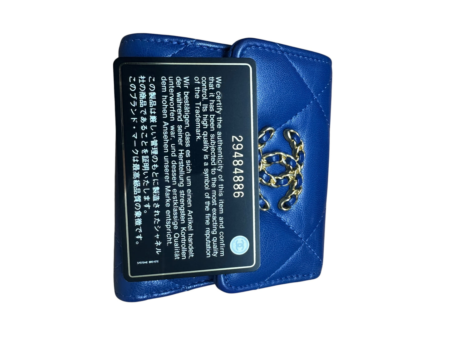 CHANEL Lambskin Chanel 19 Small Trifold Wallet Blue Gold Hardware CH2204