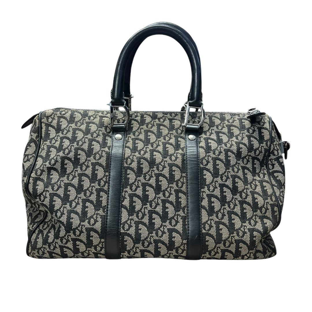 CHRISTIAN DIOR Oblique Canvas Oblique Boston Bag Handbag Black and Beige Silver Hardware Ch2208