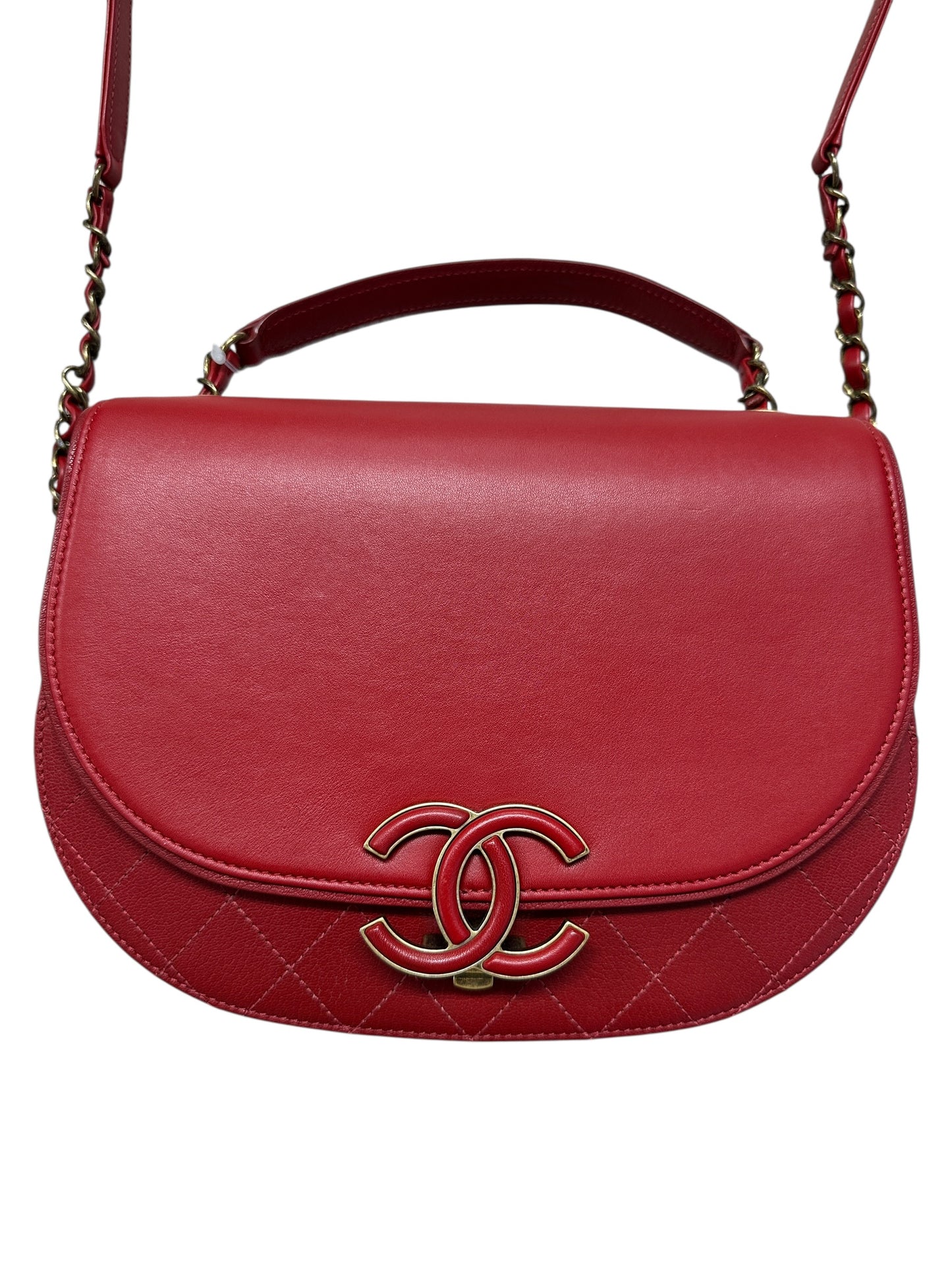 Chanel Top Handle Saddle Messenger Flap Bag Quilted Leather Red CH1781