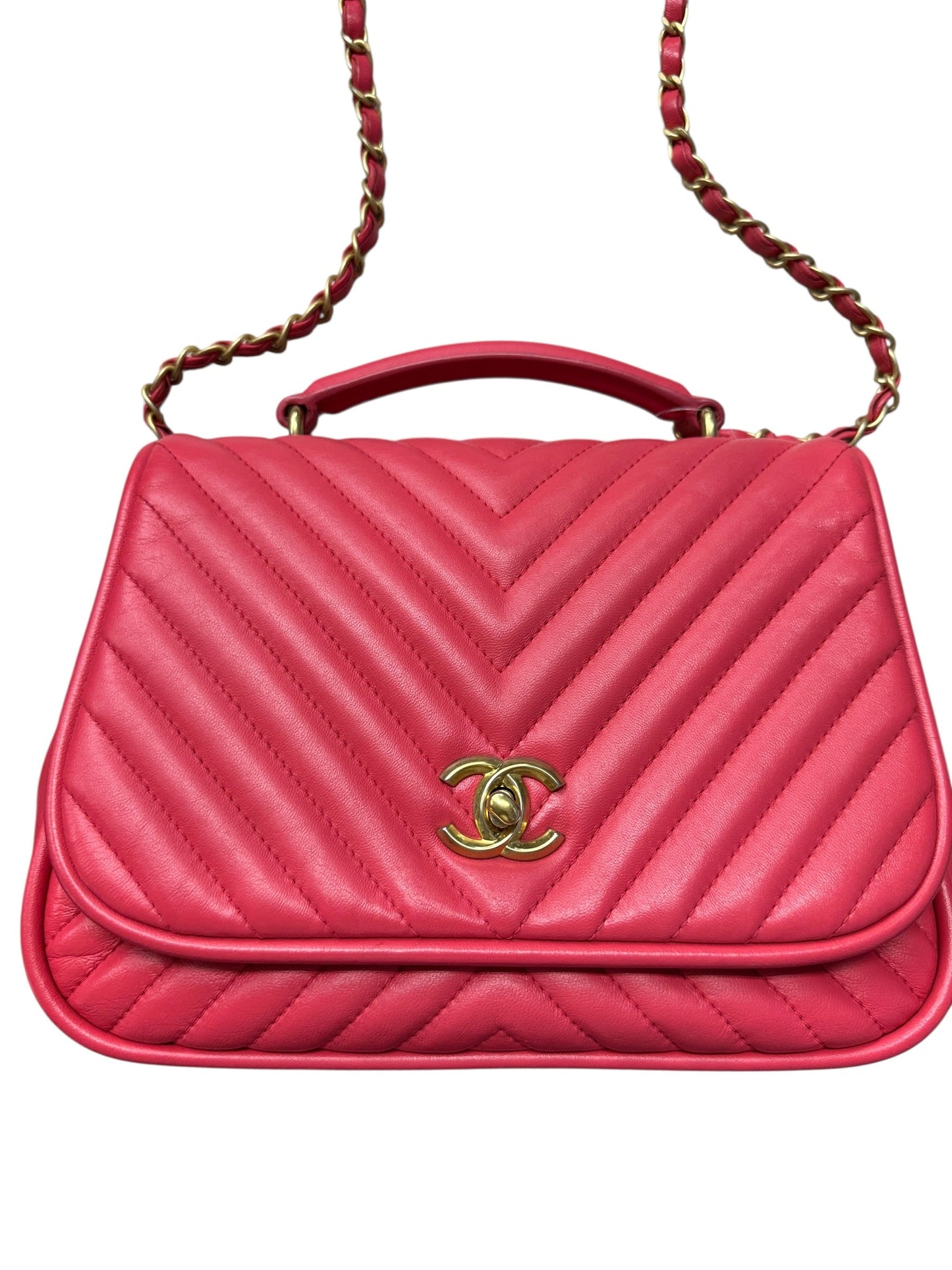 Chanel Chevron Top Handle Flap Bag Leather Pink CH1936