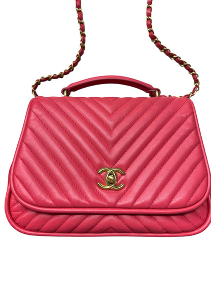 Chanel Chevron Top Handle Flap Bag Leather Pink CH1936