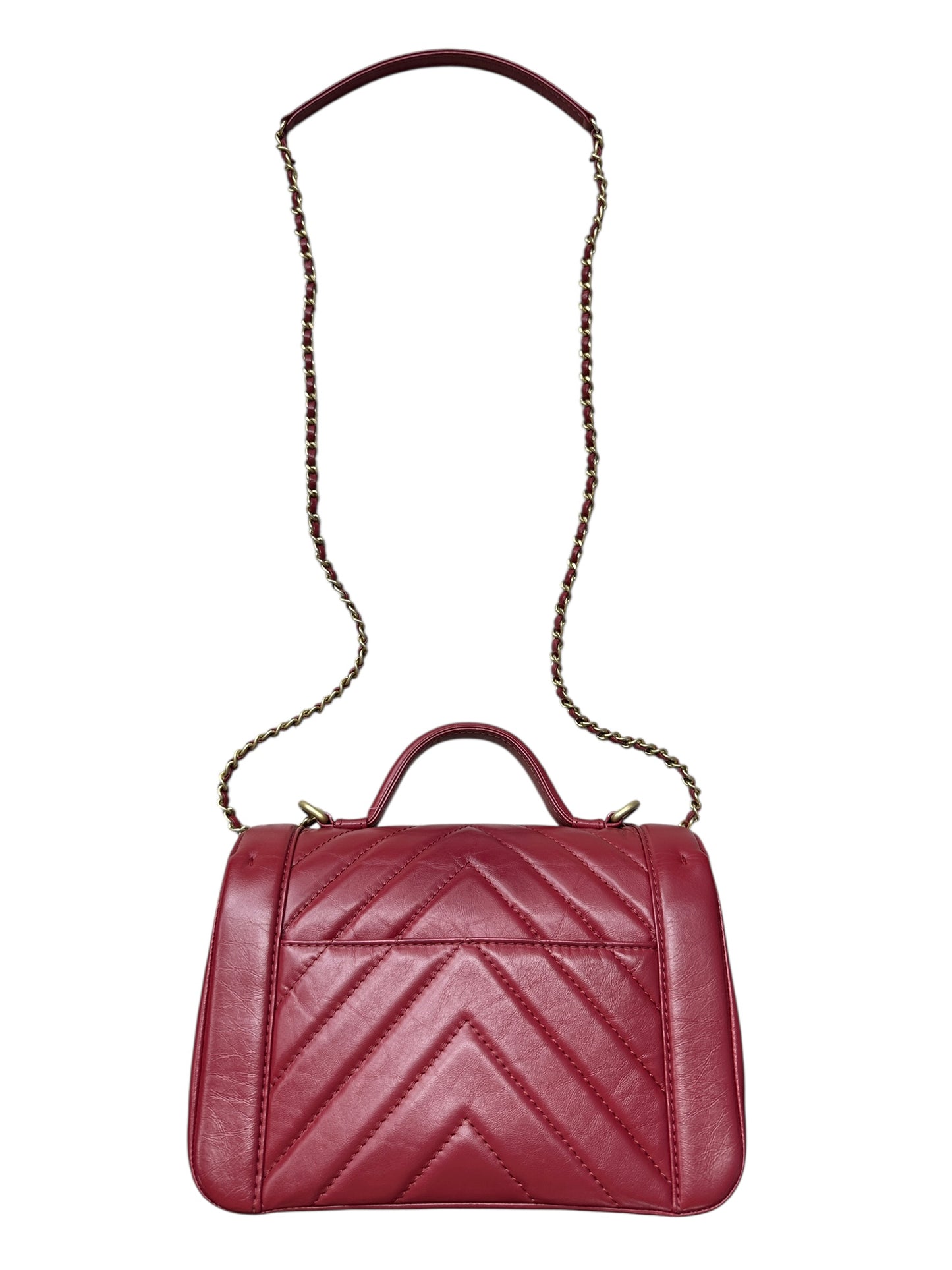 Chanel Chevron Top Handle Flap Bag Leather Red CH1975