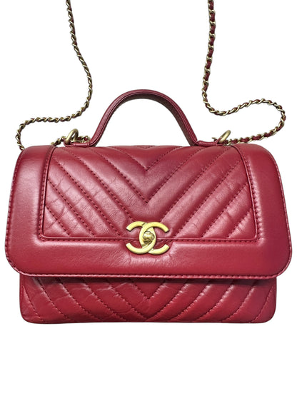 Chanel Chevron Top Handle Flap Bag Leather Red CH1975