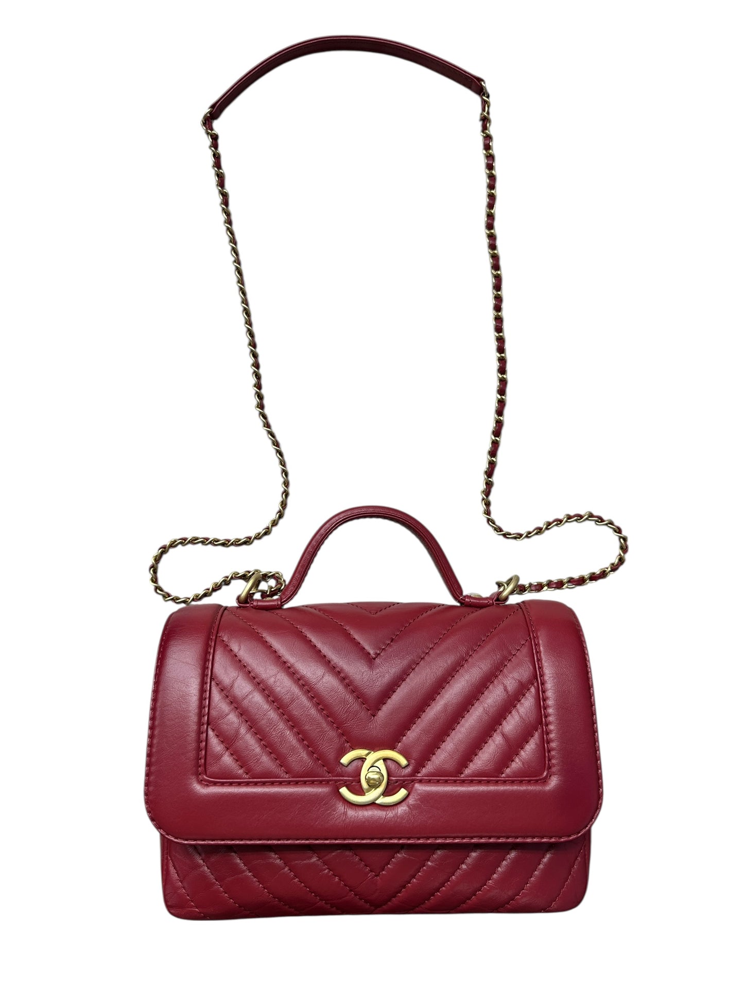 Chanel Chevron Top Handle Flap Bag Leather Red CH1975