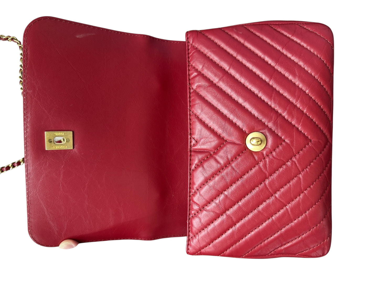 Chanel Chevron Top Handle Flap Bag Leather Red CH1975