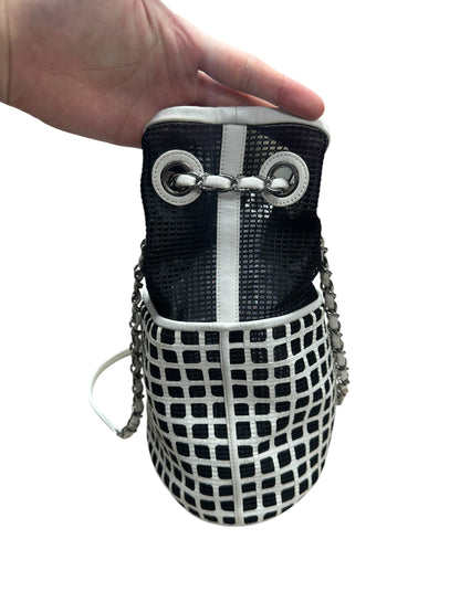 CHANEL Mesh and Leather Grid Bucket Bag Black White Silver Hardware CH2058