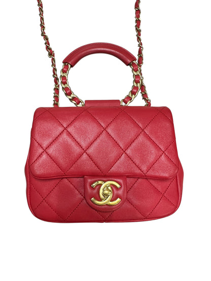CHANEL Quilted Top Handle Flap Bag Red Lambskin Gold Hardware CH2064
