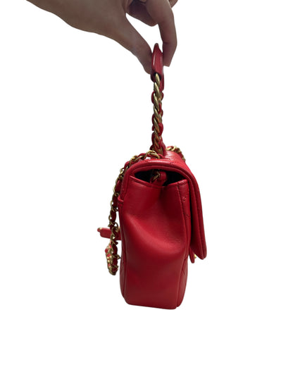CHANEL Quilted Top Handle Flap Bag Red Lambskin Gold Hardware CH2064
