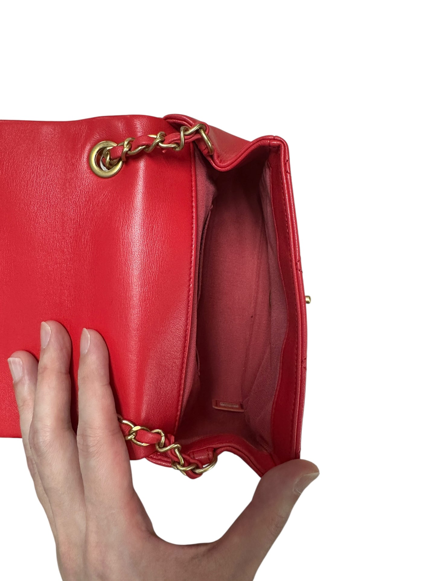 CHANEL Quilted Top Handle Flap Bag Red Lambskin Gold Hardware CH2064