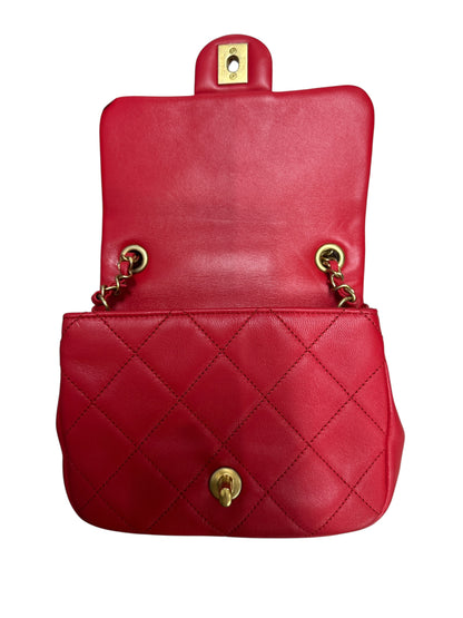 CHANEL Quilted Top Handle Flap Bag Red Lambskin Gold Hardware CH2064