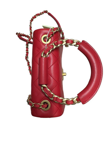 CHANEL Quilted Top Handle Flap Bag Red Lambskin Gold Hardware CH2064
