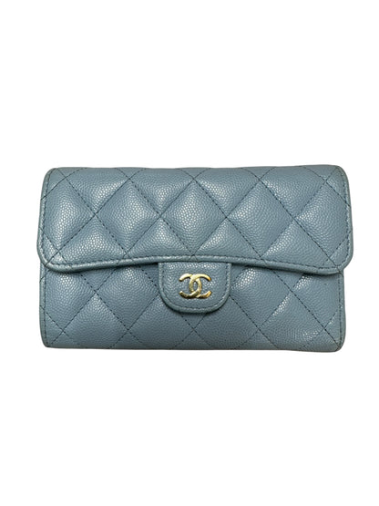 CHANEL Classic Quilted Long Flap Wallet Light Blue Caviar Leather Gold Hardware CH2068