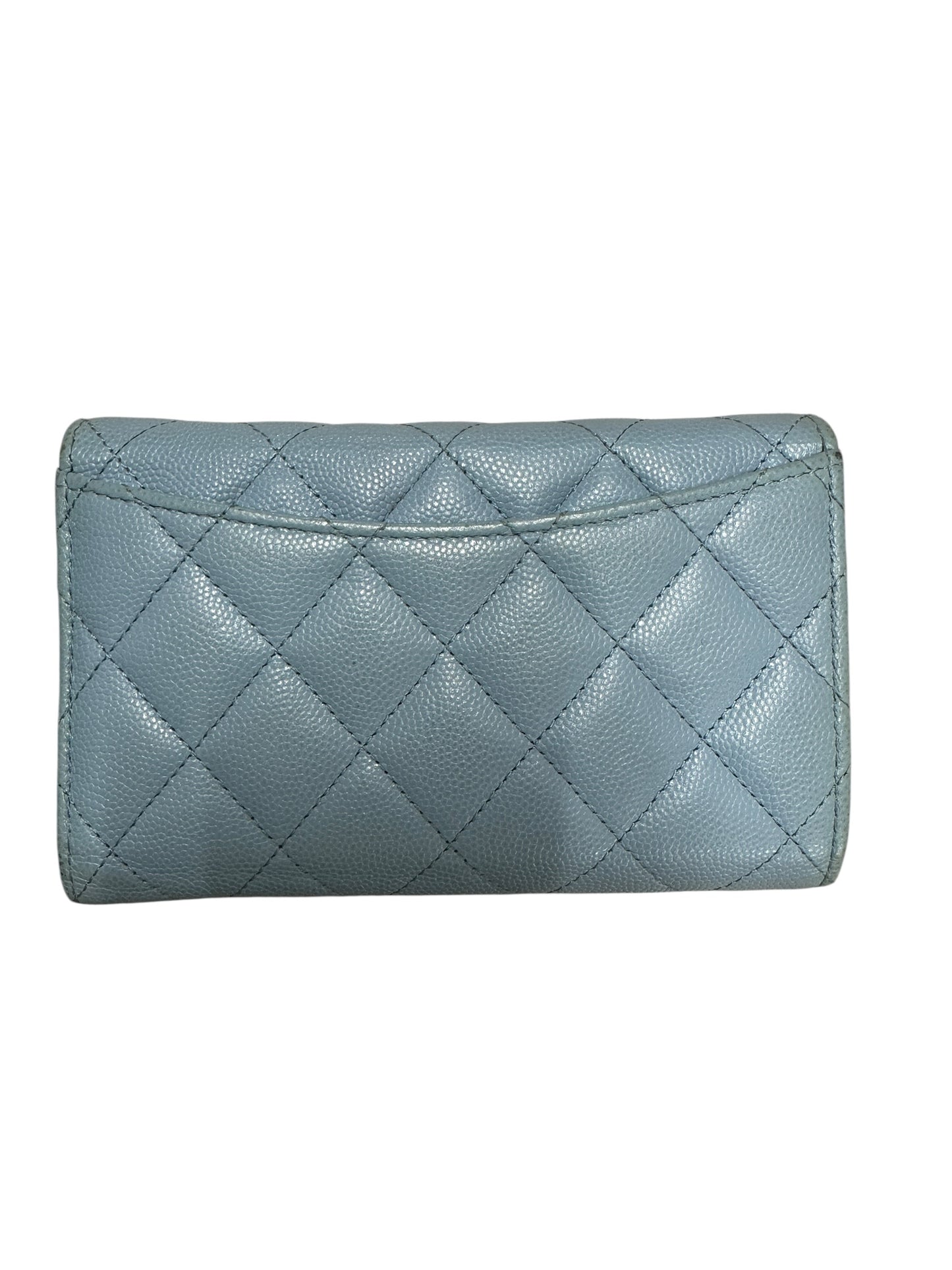 CHANEL Classic Quilted Long Flap Wallet Light Blue Caviar Leather Gold Hardware CH2068