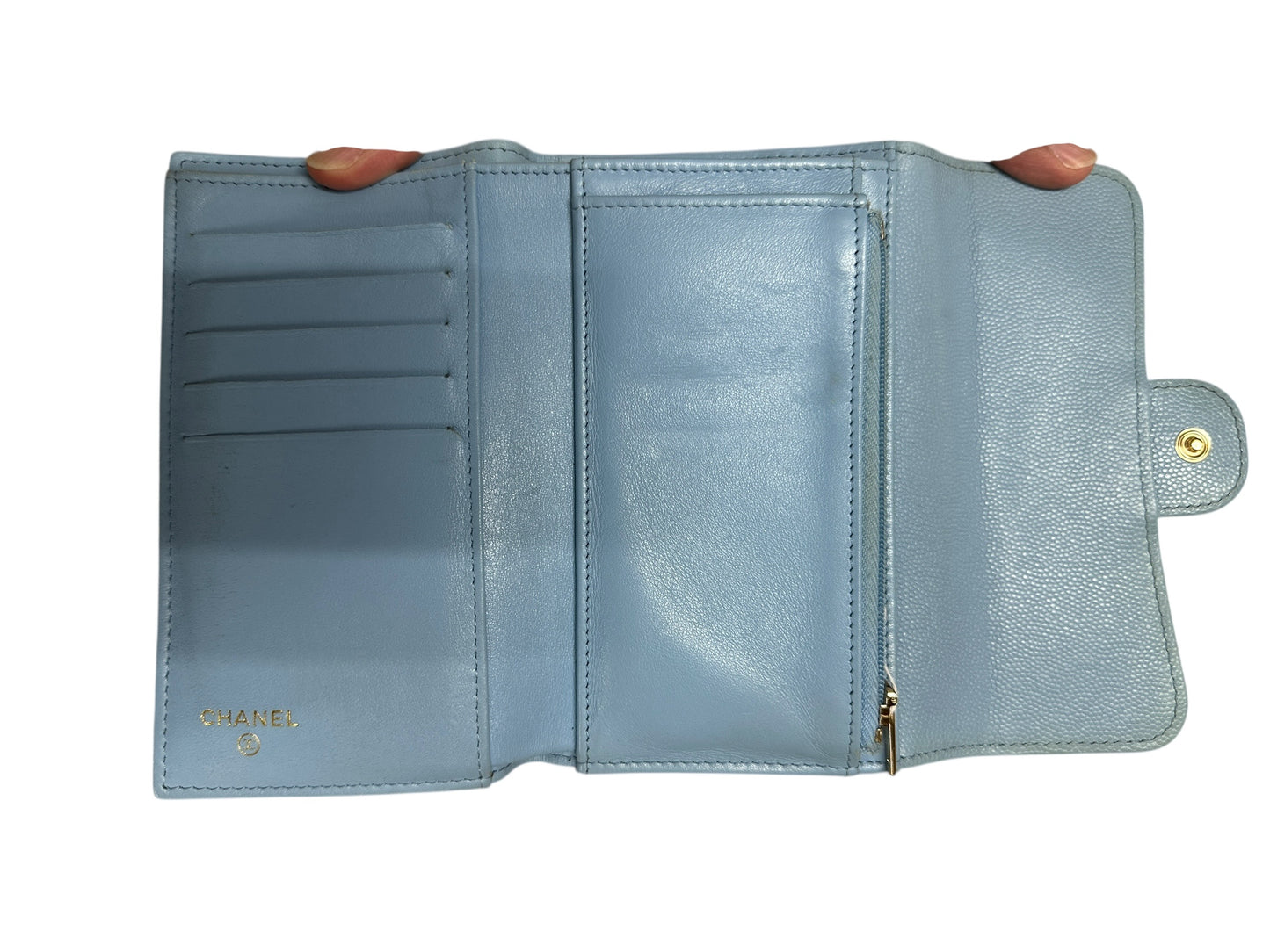 CHANEL Classic Quilted Long Flap Wallet Light Blue Caviar Leather Gold Hardware CH2068