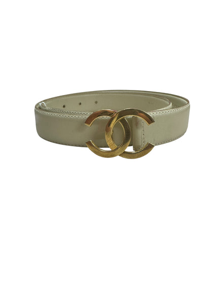 CHANEL CC Logo Buckle Calf Leather Belt Cream Gold Hardware CH2070