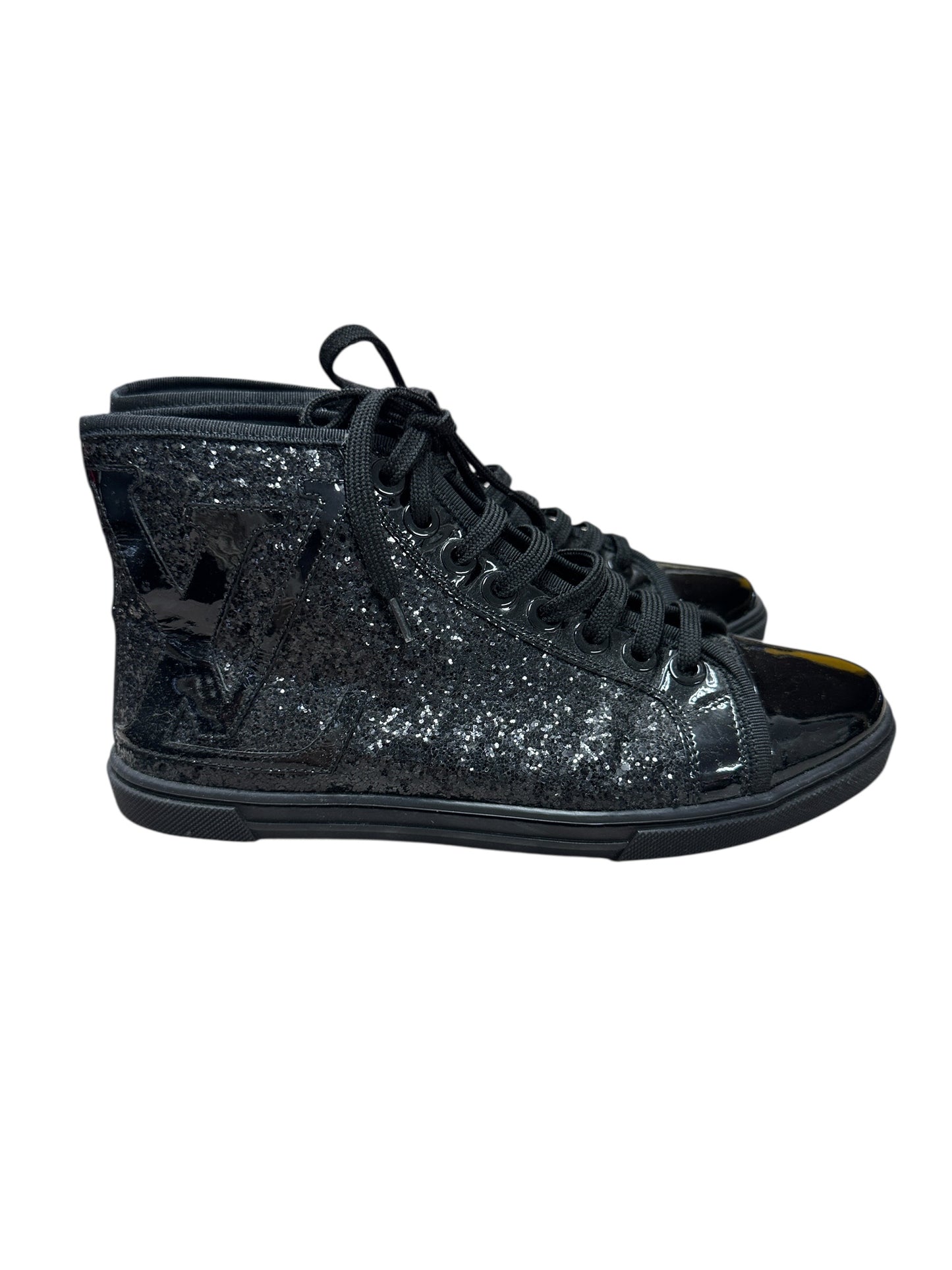 LOUIS VUITTON Sequined Fabric Sneaker Boot High-Top Sneakers Black Silver Hardware LO2027