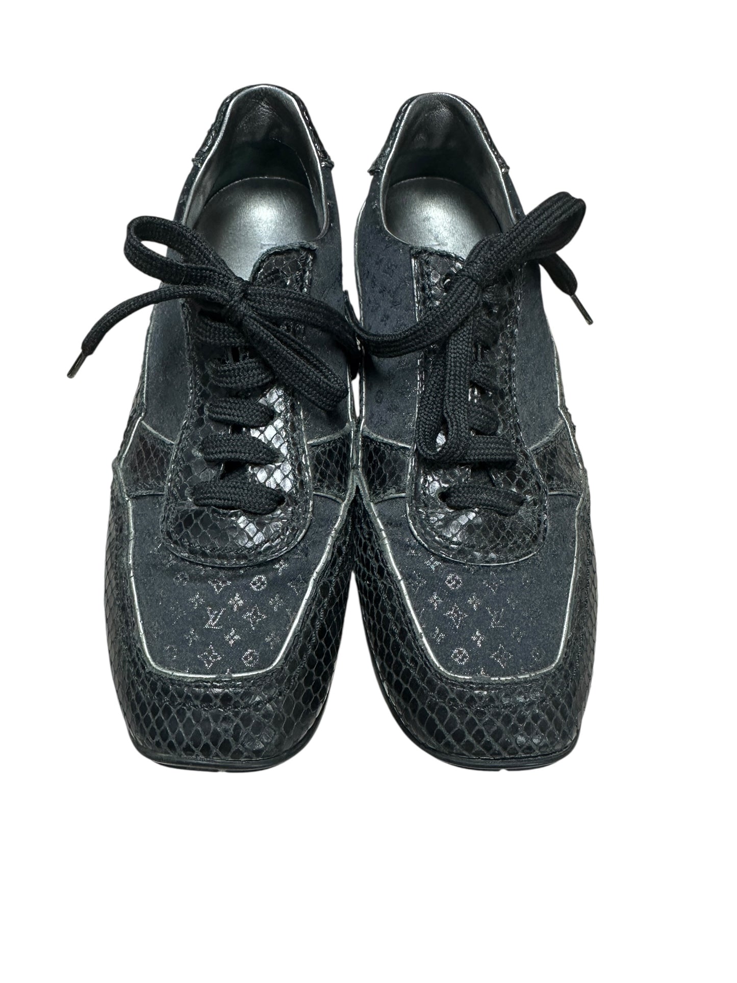 LOUIS VUITTON Monogram Denim LV Trainer Sneaker Black Silver Hardware LO2012