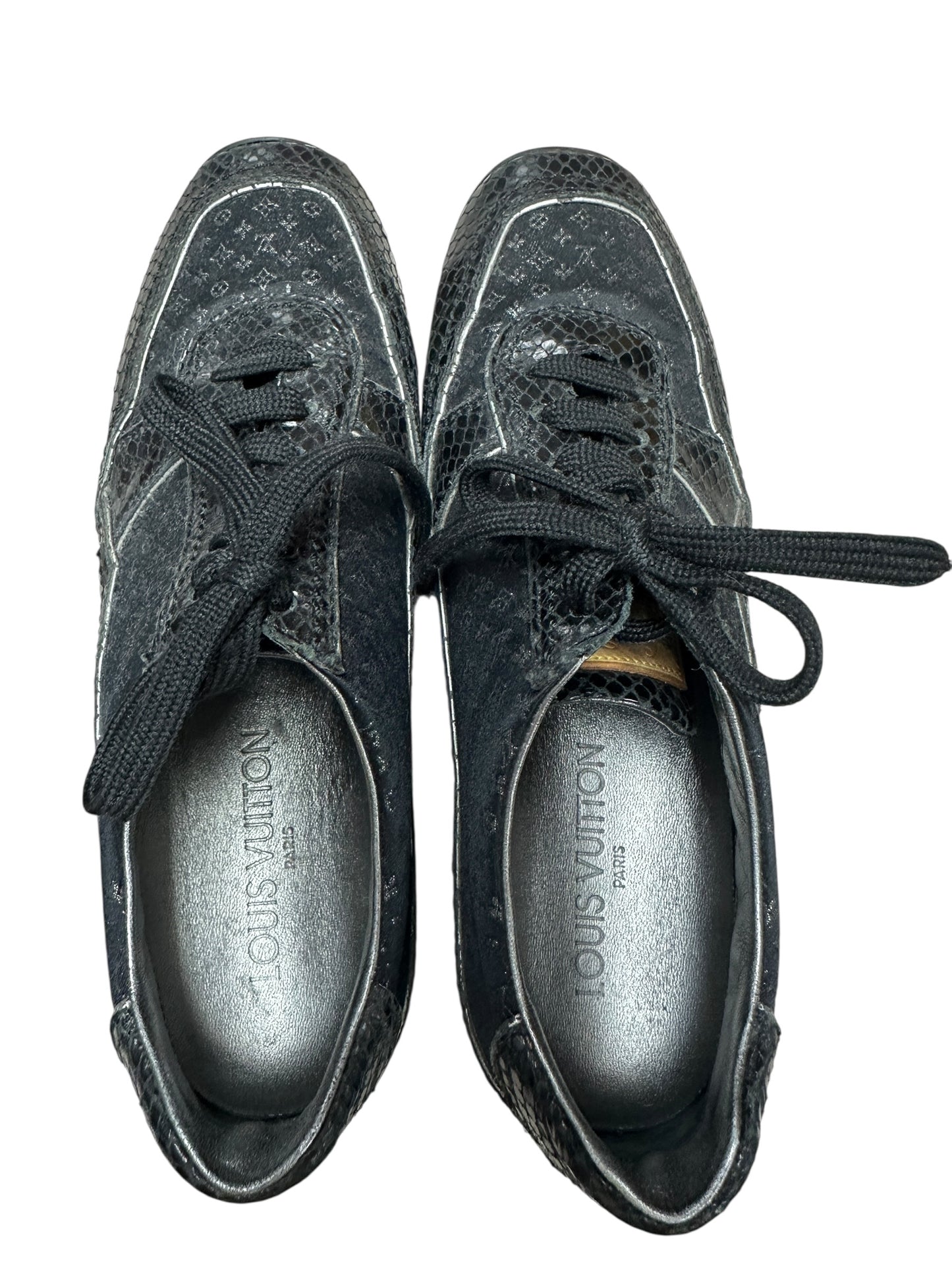LOUIS VUITTON Monogram Denim LV Trainer Sneaker Black Silver Hardware LO2012