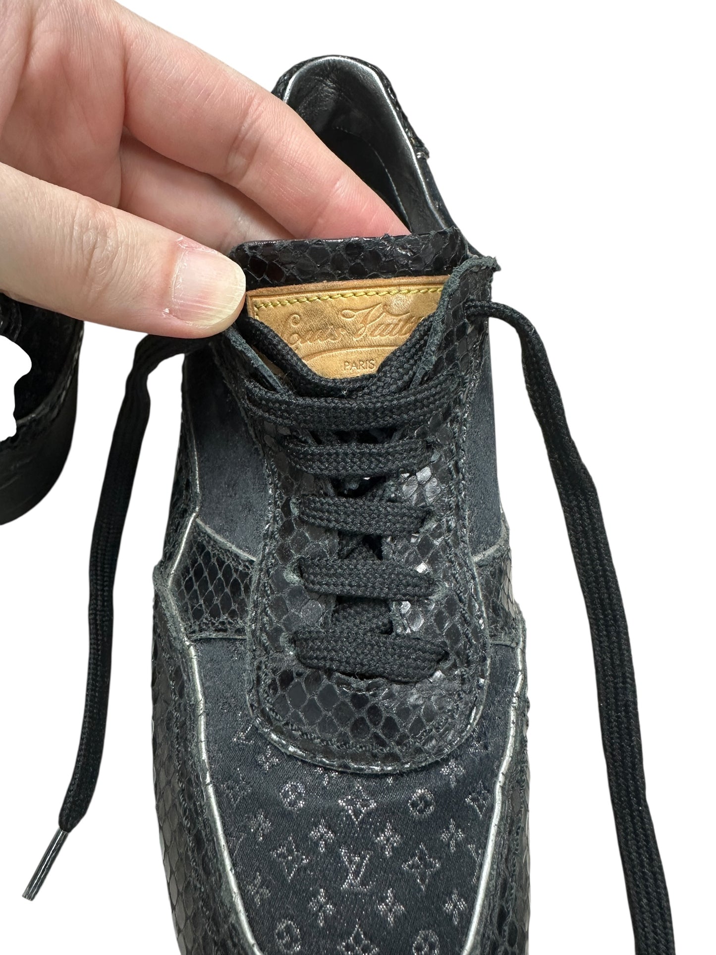 LOUIS VUITTON Monogram Denim LV Trainer Sneaker Black Silver Hardware LO2012