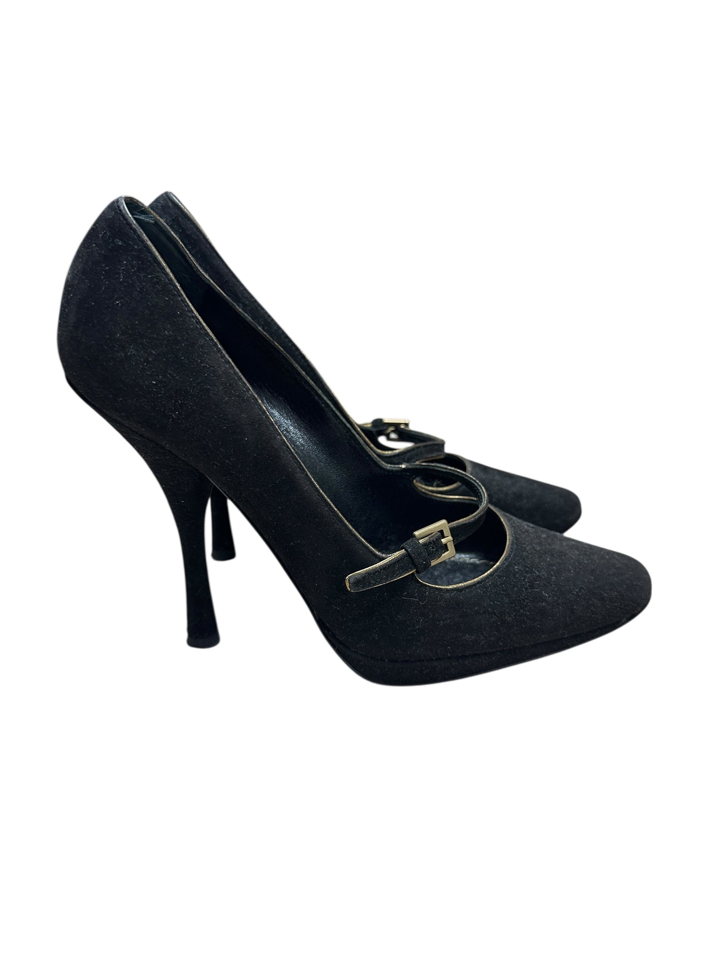LOUIS VUITTON Suede High Heel Pumps Black Gold Hardware LO2029