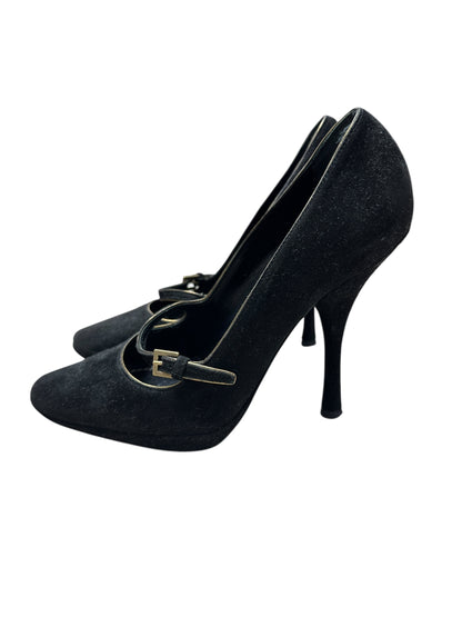 LOUIS VUITTON Suede High Heel Pumps Black Gold Hardware LO2029