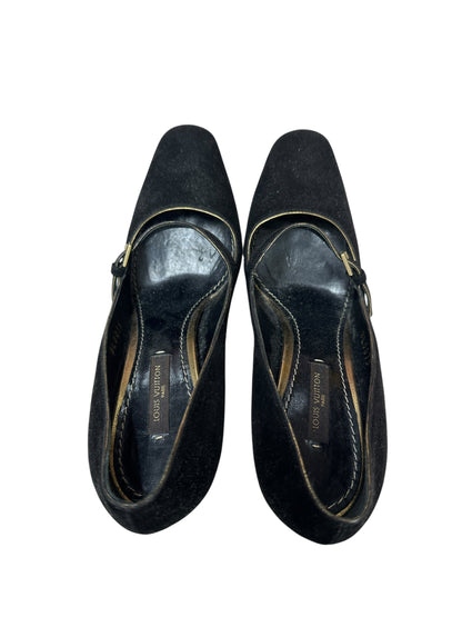 LOUIS VUITTON Suede High Heel Pumps Black Gold Hardware LO2029
