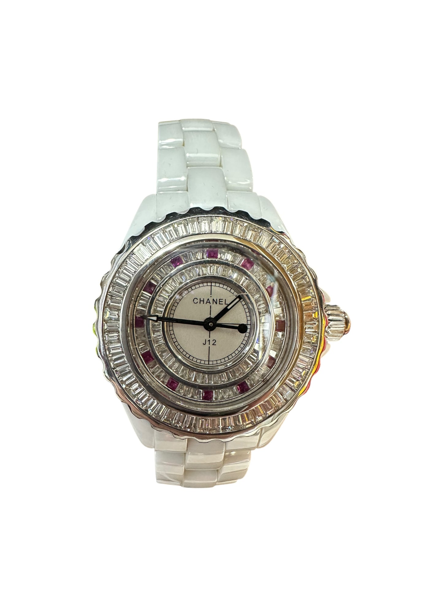 Chanel J12 White Ceramic Quartz Watch with Baguette Stone Bezel & Dial KA392