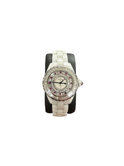 Chanel J12 White Ceramic Quartz Watch with Baguette Stone Bezel & Dial KA392
