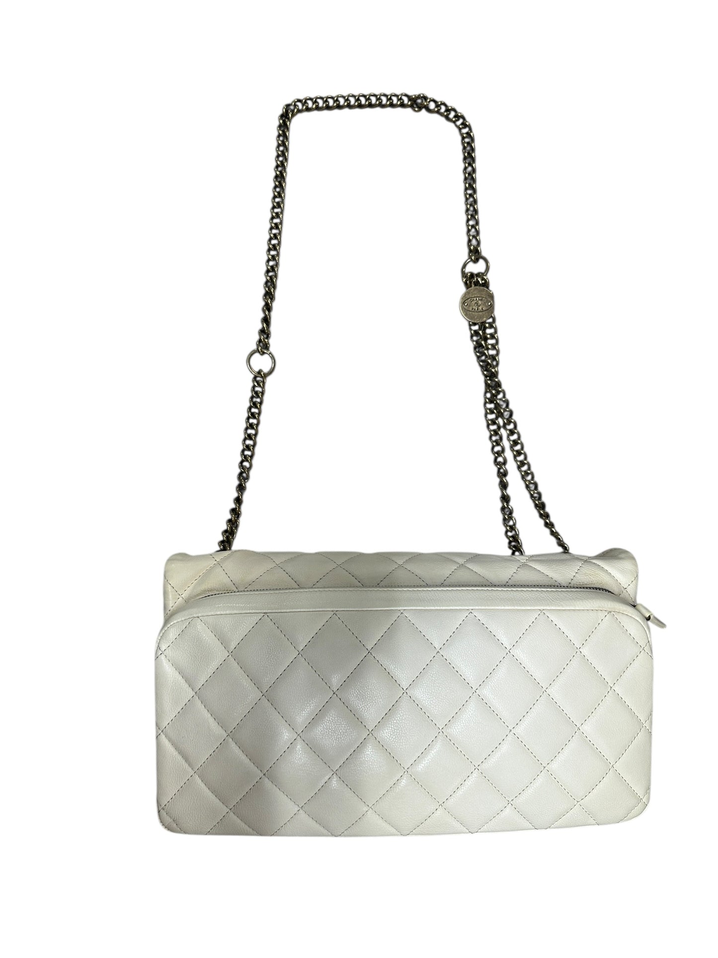 Chanel Quilted Leather Expandable Flap Bag Chain Shoulder Off-White CH2102