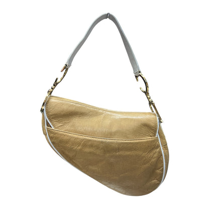 CHRISTIAN DIOR Leather Saddle Shoulder Bag Beige/White Gold Hardware Ch2104