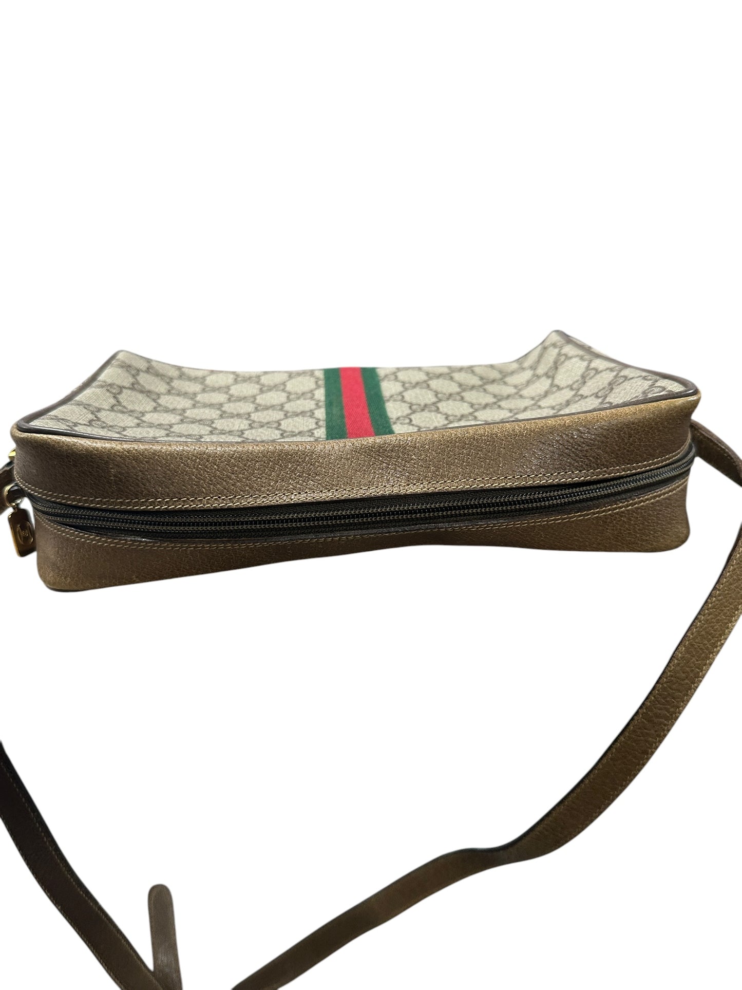 GUCCI GG Supreme Web Stripe Crossbody Bag Beige/Brown Gold Hardware GU576