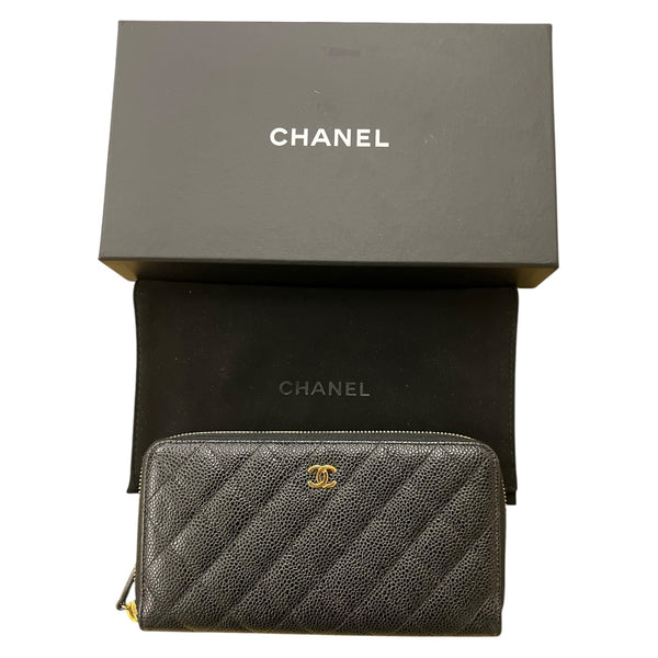 CHANEL Caviar Quilted Zip Around Long Wallet Black Gold Hardware CH2131
