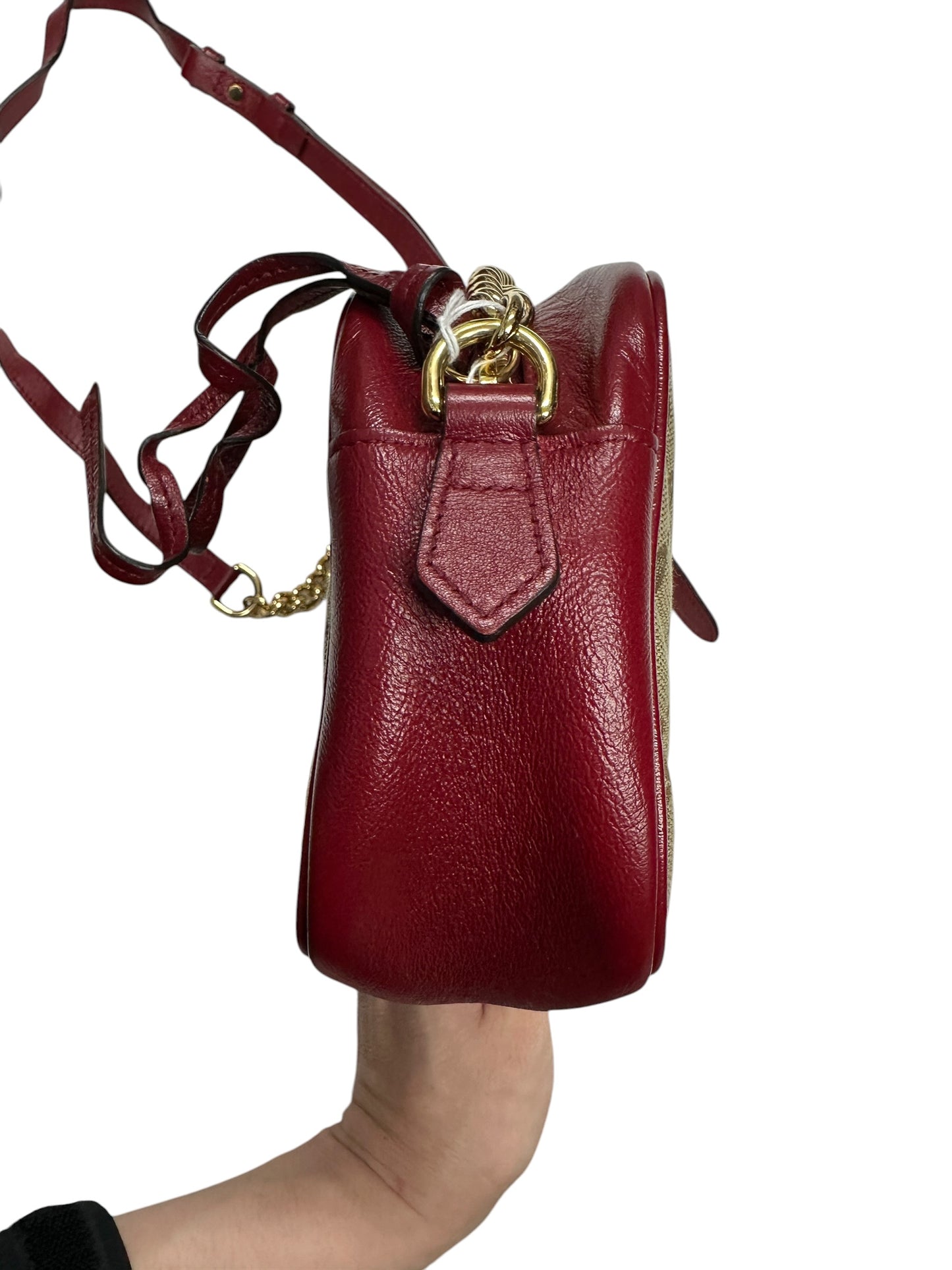 GUCCI GG Canvas Abbey Shoulder Bag Beige/Red Gold Hardware GU578