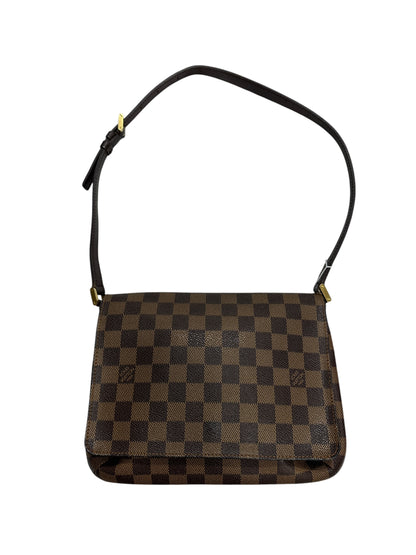 LOUIS VUITTON Damier Ebene Musette Tango Shoulder Bag Brown Gold Hardware LO2329