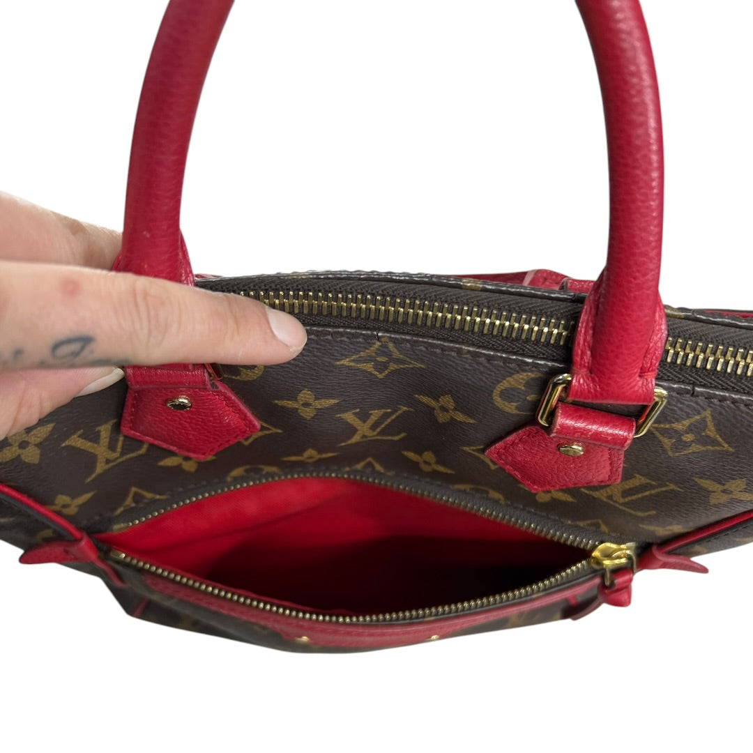 LOUIS VUITTON Monogram Sac Plat Tote Bag Brown/Red Gold Hardware LO2328