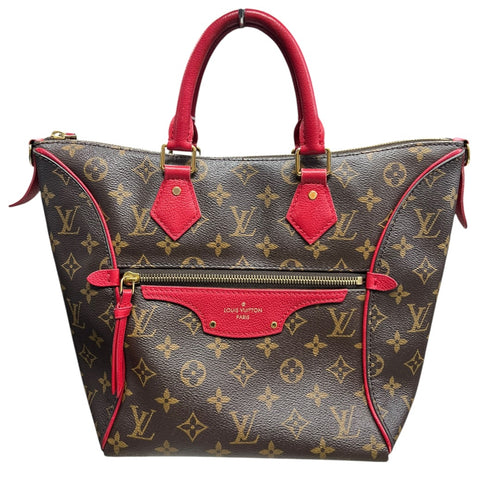 LOUIS VUITTON Monogram Sac Plat Tote Bag Brown/Red Gold Hardware LO2328