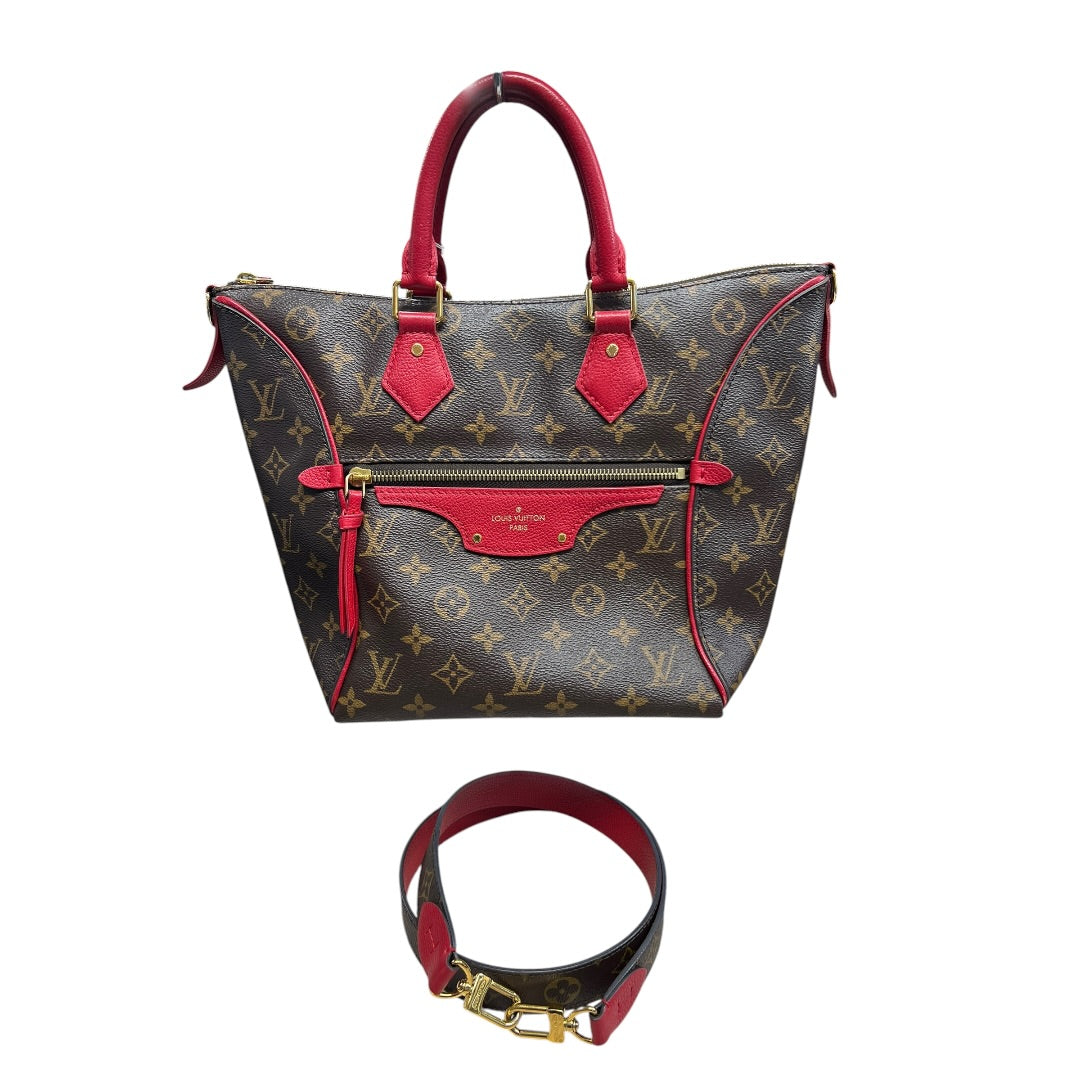 LOUIS VUITTON Monogram Sac Plat Tote Bag Brown/Red Gold Hardware LO2328