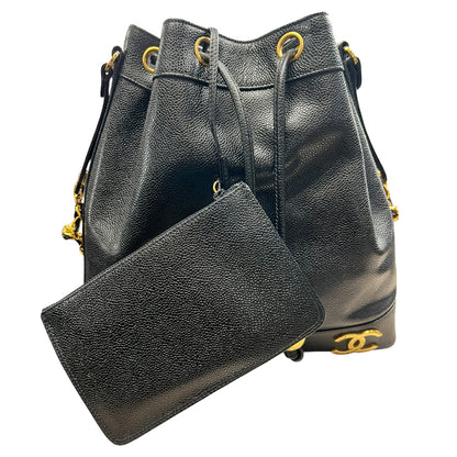 CHANEL Caviar Vintage Bucket Drawstring Shoulder Bag Black Gold Hardware CH2139