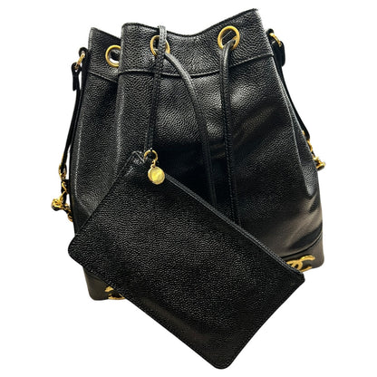 CHANEL Caviar Vintage Bucket Drawstring Shoulder Bag Black Gold Hardware CH2139