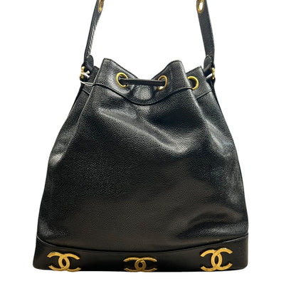 CHANEL Caviar Vintage Bucket Drawstring Shoulder Bag Black Gold Hardware CH2139