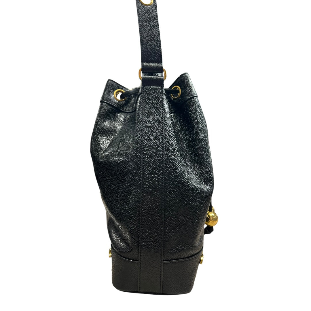 CHANEL Caviar Vintage Bucket Drawstring Shoulder Bag Black Gold Hardware CH2139
