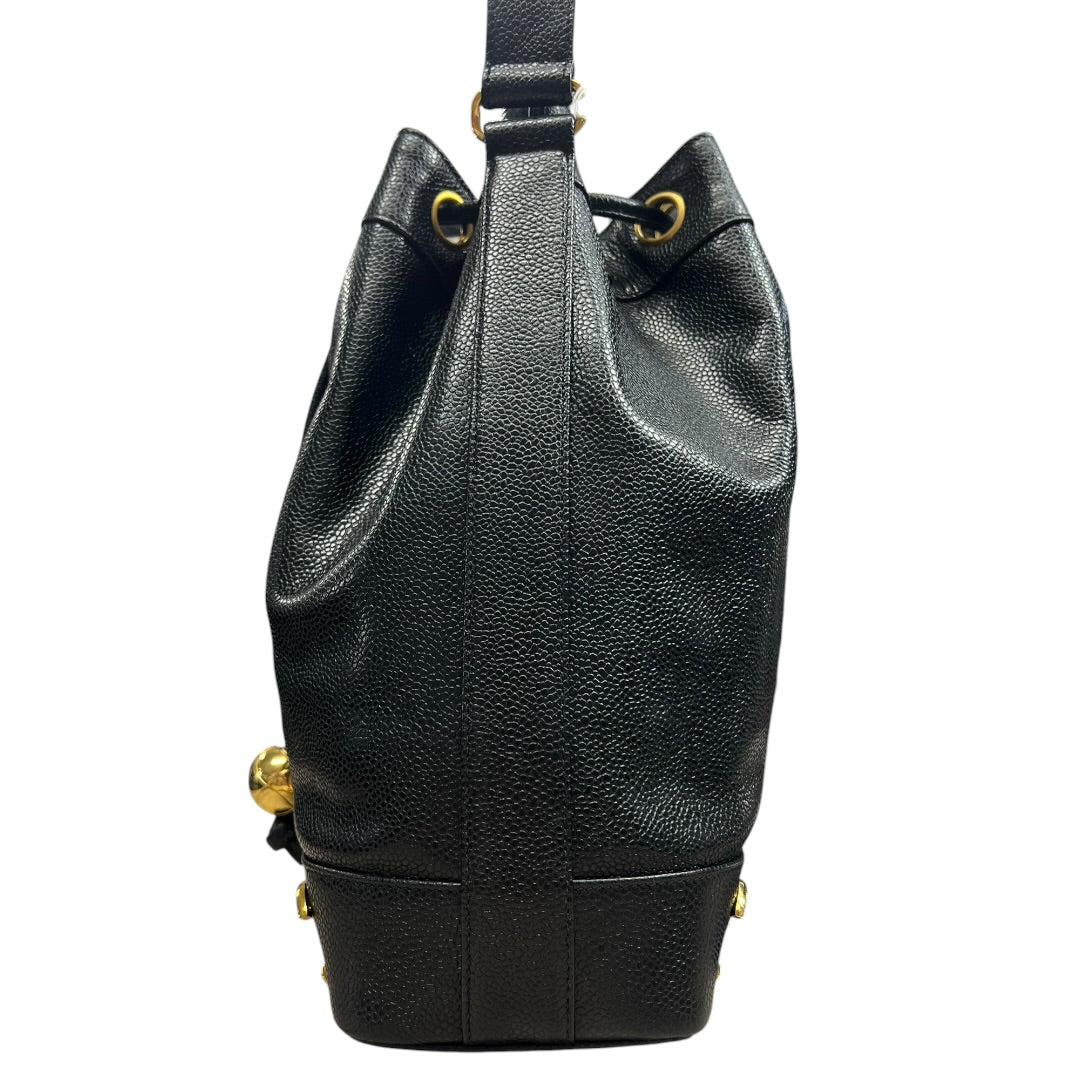 CHANEL Caviar Vintage Bucket Drawstring Shoulder Bag Black Gold Hardware CH2139