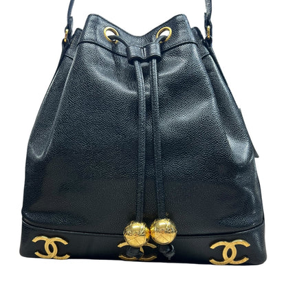 CHANEL Caviar Vintage Bucket Drawstring Shoulder Bag Black Gold Hardware CH2139