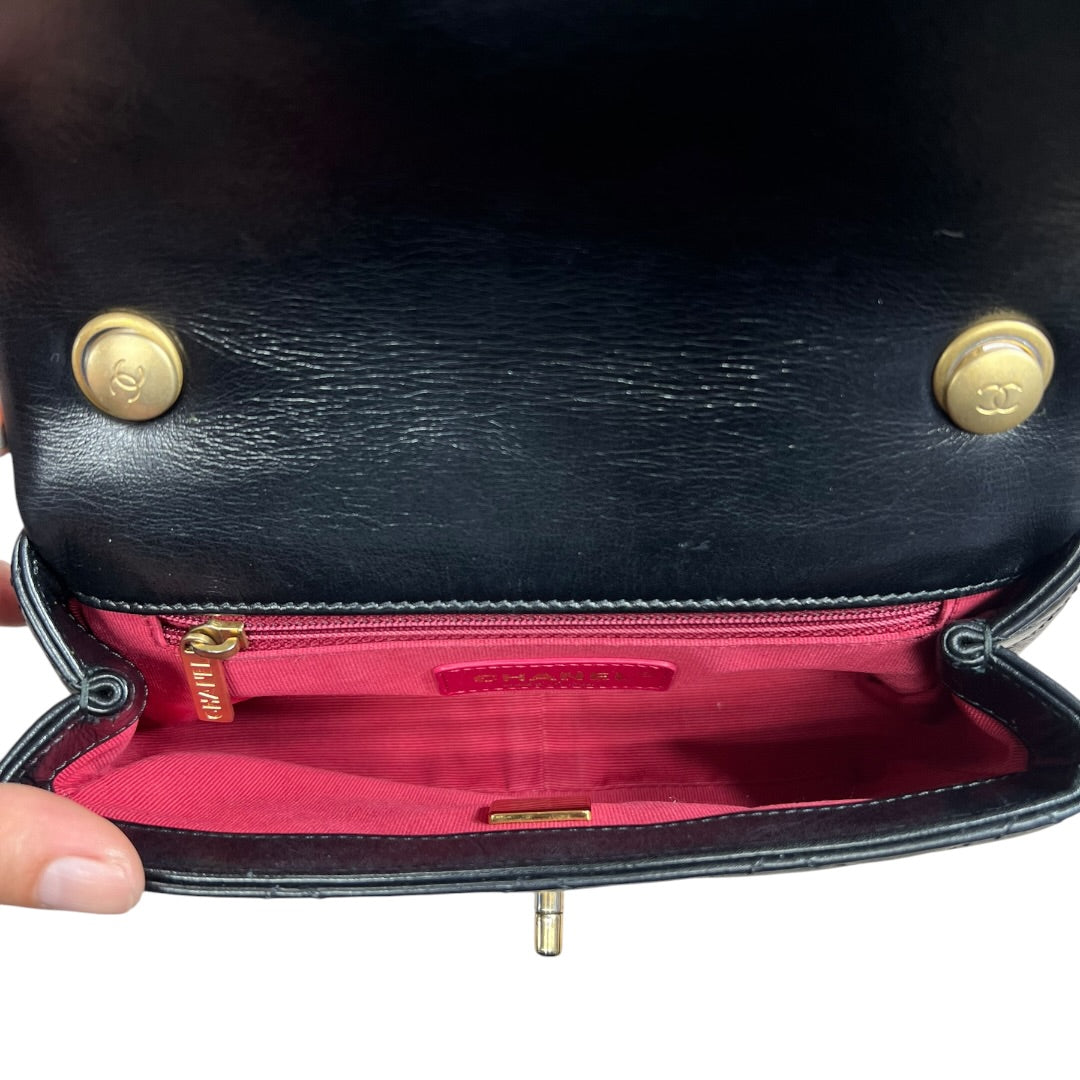 CHANEL Lambskin Mini Flap Bag with Pearl Chain Black Gold Hardware CH2135