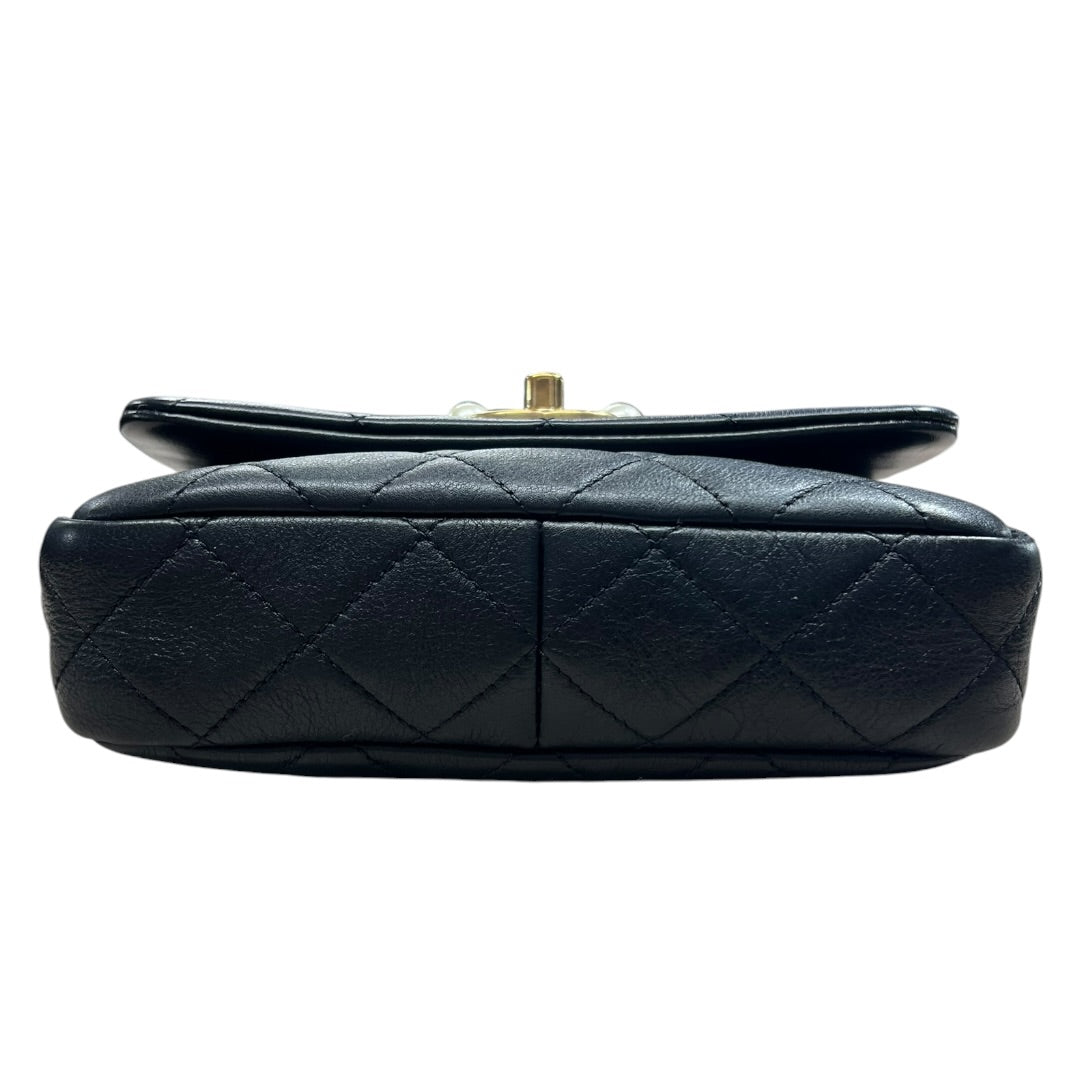 CHANEL Lambskin Mini Flap Bag with Pearl Chain Black Gold Hardware CH2135