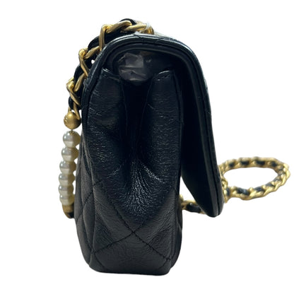 CHANEL Lambskin Mini Flap Bag with Pearl Chain Black Gold Hardware CH2135