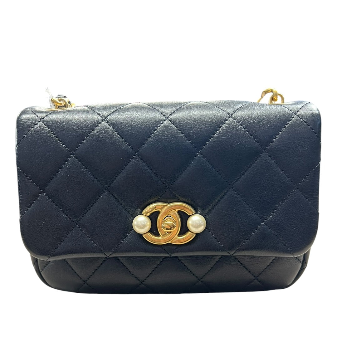 CHANEL Lambskin Mini Flap Bag with Pearl Chain Black Gold Hardware CH2135