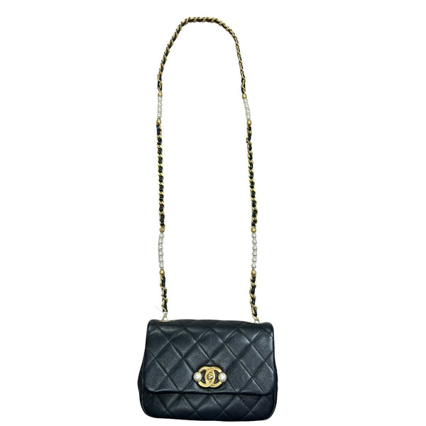 CHANEL Lambskin Mini Flap Bag with Pearl Chain Black Gold Hardware CH2135
